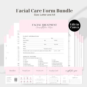Puede incluir: Un paquete de formularios para el cuidado facial en tamaños Carta y A4 con un esquema de color rosa y blanco. El documento incluye un formulario de consulta de tratamiento facial con secciones para información del cliente y antecedentes médicos.