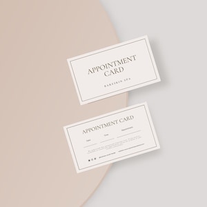 May include: Two rectangular appointment cards with a cream background and black text. The top card reads APPOINTMENT CARD and BARESKIN SPA. The bottom card includes fields for Date, Time, and Appointment, plus social media icons and website text.