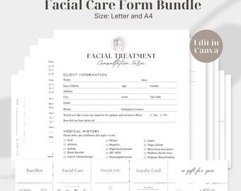 May include: A Facial Care Form Bundle in Letter and A4 sizes, featuring a facial treatment consultation form with client information and medical history sections. Includes various business cards, loyalty cards, and gift cards with text.