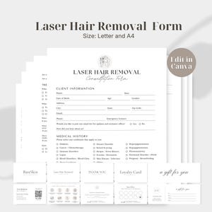May include: A white laser hair removal consultation form with black text, including sections for client information and medical history. The document features a line drawing of a face, a circular 'Edit in Canva' badge, and various business card templates.