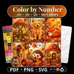 Puede incluir: Una colección digital de colorear por números con 25 páginas en formatos PDF, PNG y SVG. Las ilustraciones muestran escenas otoñales que incluyen una casa seta, un cachorro de golden retriever, un zorro durmiendo, un hada y un erizo.