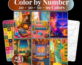 May include: A digital color by number set featuring 25 pages in PDF, PNG, and SVG formats. The collection includes six colorful illustrations of interior scenes, a numbered color guide, and a black and white line art template for coloring.
