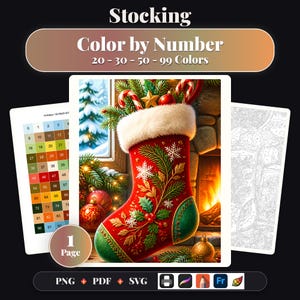May include: A digital color by number activity featuring a red and green Christmas stocking with gold leaf and snowflake patterns. The image includes a color key chart, a line art template, and text reading Stocking Color by Number 20-30-50-99 Colors.