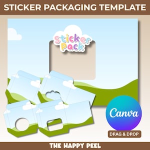 Può includere: Un modello di confezione di adesivi con un design di cielo e colline erbose. Il design include una finestra fustellata per gli adesivi e diverse scatole di imballaggio assemblate. Il testo "Sticker Pack" è visualizzato sopra la finestra. Il logo Canva è visibile.
