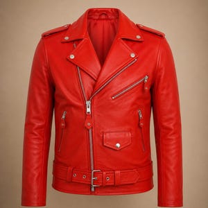 May include: A bright red leather jacket with an asymmetrical zip. It has a notched lapel, multiple zipped pockets, and a belted waist. The jacket features silver hardware and a tailored fit. The jacket is made of leather.