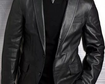 Men's Genuine Lambskin Black Blazer Two Button Slim Fit Coat Real Leather Jacket