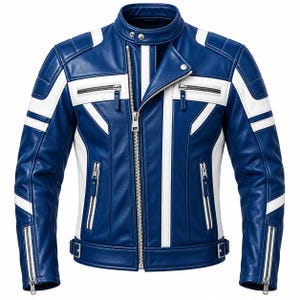 May include: A blue leather jacket featuring white vertical and horizontal stripes, a stand-up collar with a snap button, a full-length silver metal zipper, four zippered pockets on the front, and adjustable side buckles at the waist hem.