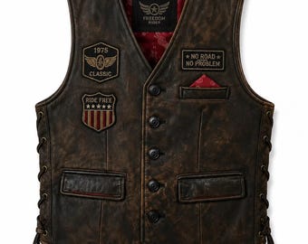 Men’s Vintage Leather Biker Vest Brown Distressed Motorcycle Rider Waistcoat