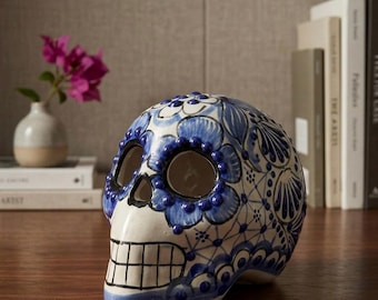 Autentico teschio di Talavera Puebla | Teschio in ceramica messicana dipinta a mano | Teschio di Talavera fatto a mano | Pezzo unico per il Giorno dei Morti