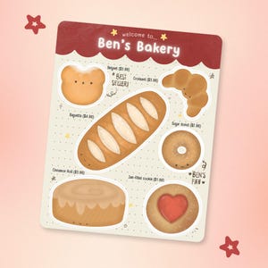 Op de afbeelding: Een kleurrijke illustratie van gebakken goederen van Ben's Bakery, waaronder een beignet, croissant, baguette, suiker donut, kaneelbroodje en jamkoekje. De tekst "welcome to... Ben's Bakery" staat bovenaan. De beignet is gemarkeerd als "BEST SELLER!"