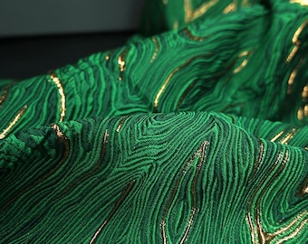 Emerald Green Gold Jacquard Fabric by the Yard, Luxury Wave Pattern for Evening Gown & Formal Dress, Sold by the Yard A20