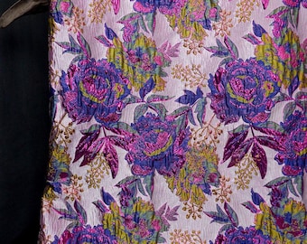 Luxury Embossed Jacquard Fabric, Purple Blue Gold Silver Floral Fabric, Blue Yellow Petal Bumpy Textile for Party Dress  By Meter.A07