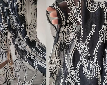 Tkanina tiulowa z bawełny z haftem pawim ogonem, sprzedawana na metry, biała, przezroczysta tkanina z haftem paisley w kolorze czarnym, elegancki szyfon .A32