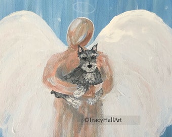 Schnauzer Art Salt and Pepper Print Pet Remembrance Cropped Ear Schnauzer Art Memorial Gift Angel Art 8" X 10"