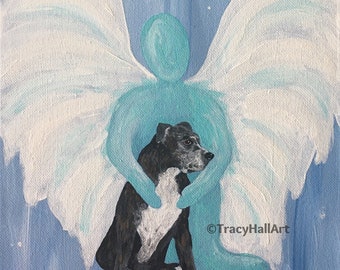 Pit Bull Print Pet Loss Remembrance Dog Memorial Gift Black Pit Bull Guardian Angel Art 8"  X 10"