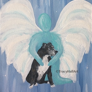 Pit Bull Print Pet Loss Remembrance Dog Memorial Gift Black Pit Bull Guardian Angel Art 8"  X 10"
