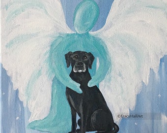 Black Labrador Pet Loss Remembrance Memorial Gift Lab with Guardian Angel Art 8"  X 10"