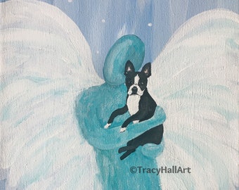 Boston Terrier Print Painting Pet Loss Remembrance Memorial Gift Angel Art 8"  X 10"