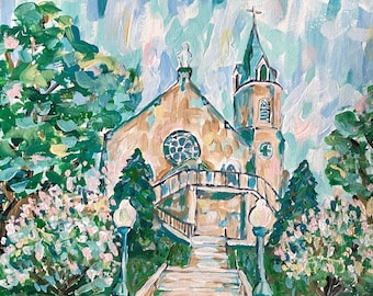 May include: A painting of a church with a tall steeple and a stone staircase leading up to the entrance. The church is surrounded by trees and bushes, and the sky is a light blue with white clouds. The painting is signed "TracyHallArt" in the bottom right corner.