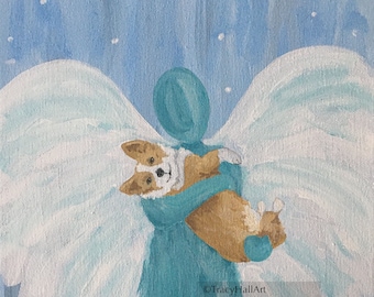 Corgi Print Art Pembroke Welsh Corgi Pet Remembrance Memorial Gift Welsh Corgi Guardian Angel Art 8" X 10"