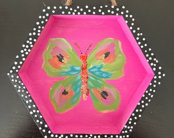 Colorful Moth Butterfly Art Original Pretty Whimsical Bug Painting Wooden Hexagon Shadowbox or Shelf Sitter 5"x6"