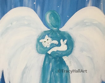 White Cat Pet Loss Memorial Gift PRINT Guardian Angel Art 8" x 10"
