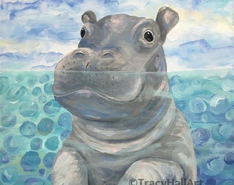 Hippo Fritz Baby Hippo Art Painting PRINT Hippopotamus Zoo Babies Cincinnati Zoo 8" x 10"