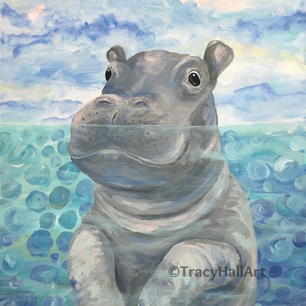 Hippo Fritz Baby Hippo Art Painting PRINT Hippopotamus Zoo Babies Cincinnati Zoo 8" x 10"