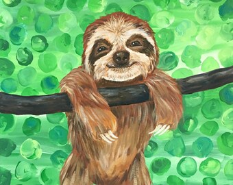 Baby Sloth Art PRINT Sloth Juno Painting Safari Animal Jungle Nursery Art 8"x10"