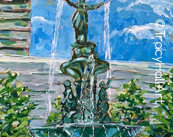 May include: A green fountain with a statue of a woman pouring water from her hands. The fountain is surrounded by lush greenery and a blue sky with white clouds.