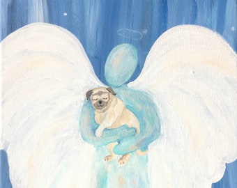 Pug Print Art Pet Memorial Pet Loss Gift Fawn Colored Pug Guardian Angel Art 8"  X 10"