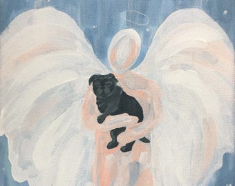 Pug Print Painting Pet Loss Remembrance Memorial Gift Black Pug Guardian Angel Art 8"  X 10"