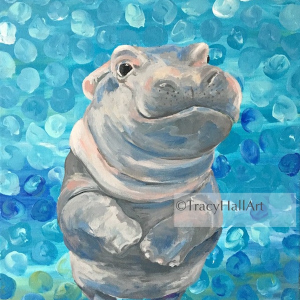 Hippo Fiona Baby Hippo Art Painting PRINT Hippopotamus #TeamFiona Zoo Babies Cincinnati Zoo 8" x 10"