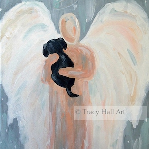 Angel Dog Painting PRINT Pet Remembrance Memorial Gift Black Lab Guardian Angel Art 8&quot; X 10&quot;