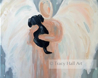 Angel Dog Painting PRINT Pet Remembrance Memorial Gift Black Lab Guardian Angel Art 8" X 10"