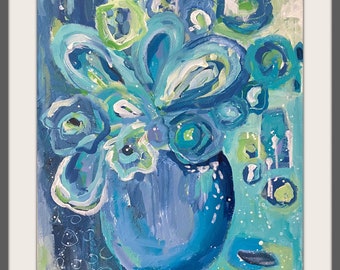Blue Abstract Floral Art Loose Blue White Green Aqua Flower Painting Original 16"x20" Canvas