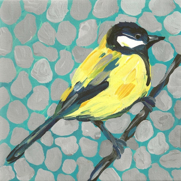 Bird Art Yellow Gray Aqua Shabby Chic PRINT of Painting by Tracy Hall 8" x 8" square