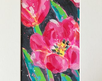 Tulip Flower Art Colorful Impressionistic Floral ORIGINAL Painting on Heavy 140# Watercolor Paper 5"x 7" Matted to 8"x10".