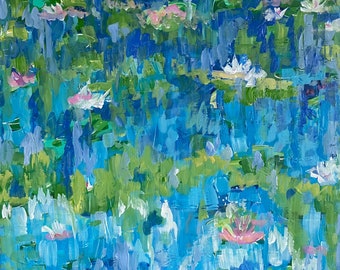 Water Lilies Painting Abstract Lily Pond Modern Landscape Monet Inspired Art Canvas 20" x 20"