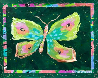 Colorful Moth Art Butterfly Painting ORIGINAL ONE of a KIND Wall Art Decor  11"x 14"