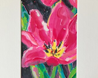 Abstract Flower Art Pink Tulip Colorful Floral ORIGINAL Painting on Heavy 140# Watercolor Paper 5"x 7" Matted to 8"x10".