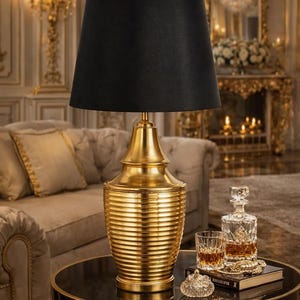 Modern Gold Table Lamp with Black Fabric Shade – Elegant Bedside Lighting