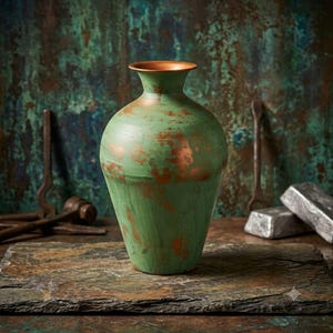 May include: A vase with a wide, rounded body and a narrow neck, featuring a weathered, oxidised finish that blends vibrant teal and green tones with patches of exposed copper. The rim is smooth and metallic, showing the natural copper colour.