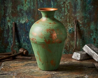 Könnte beinhalten: Eine Vase mit einem breiten, bauchigen Körper und einem schmalen Hals, die eine verwitterte, oxidierte Oberfläche mit einer Mischung aus leuchtenden Türkis- und Grüntönen sowie freiliegenden Kupferstellen aufweist. Der Rand ist glatt und metallisch.
