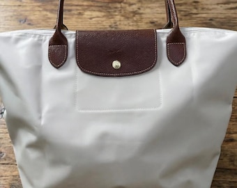 Longchamp Large White Nylon Tote Bag with Leather Trim, Foldable Lightweight Daily Handbag