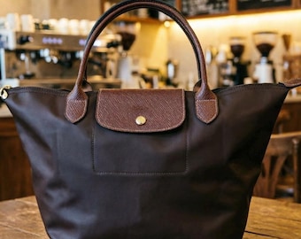 Longchamp Large Brown Nylon Tote Bag with Leather Trim, Foldable Lightweight Daily Handbag