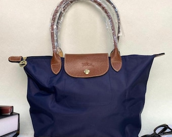 Longchamp Large Navy Nylon Tote Bag with Leather Trim, Foldable Lightweight Daily Handbag