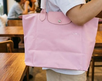 Longchamp Large Pink Nylon Tote Bag with Leather Trim, Foldable Lightweight Daily Handbag