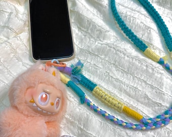 Hand-woven paracord phone/camera lanyard, blue and yellow woven rope crossbody bag shoulder strap