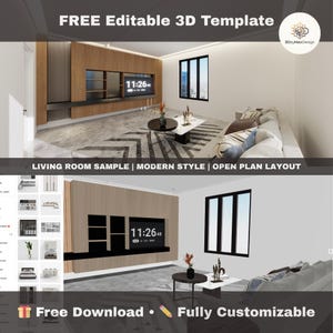 May include: A 3D rendering of a modern living room with a wooden accent wall, a large TV displaying 11:26, and a black framed window. The image includes text that reads "FREE Editable 3D Template" and "Free Download".